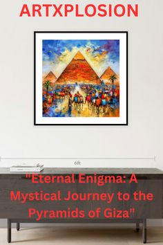 a painting hanging on the wall next to a table with an image of a pyramid