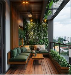 an outdoor living area with wooden flooring and green plants on the wall above it