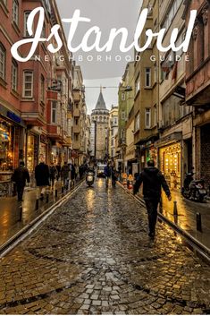 people walking down an old cobblestone street with text overlaying the image