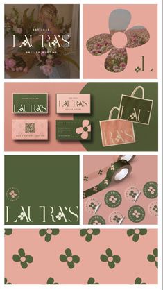 some pink and green wallpapers with different items on them, including tags, stickers