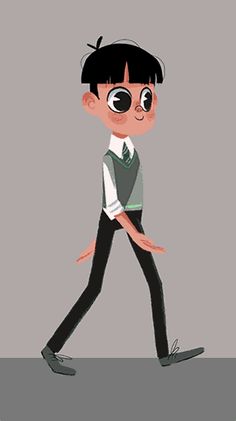 a cartoon boy walking with his hands in his pockets and wearing glasses on top of his head