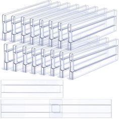 six clear plastic drawers with dividers on each side and four different sections in the middle