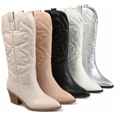 The Chantry boot from Journee Collection effortlessly blends Western flair with modern style. Featuring a pointed toe and a stacked 2 3/4-inch block heel, these boots provide a fashionable nod to the cowgirl aesthetic. With a convenient pull-on design, a 12-inch shaft height, and a 4 mm Tru Comfort Foam™ footbed, they offer both ease of wear and comfort, making them a chic addition to any wardrobe.    Please refer to size chart for calf measurements.   • Pointed-Toe  • Pull-On  • 4 mm Tru Comfort Foam™ Footbed  • 12- in Shaft Height  • 2 3/4- in Block Heel  • Faux Leather Uppers   All measurements are approximate and were taken using a size 6. Please note measurements may vary slightly by size. Classic Cowgirl, Magazine Model, Cowgirl Aesthetic, Pointed Toe Boots, Journee Collection, Cool Boots, Cowgirl Boots, Stacked Heel, Western Boots