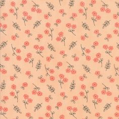 an orange and pink flowered fabric with small black flowers on the bottom half of it