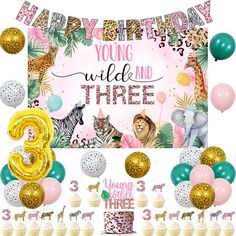 PRICES MAY VARY. Package Includes: The young wild and three decorations girl include 18 x latex balloons 12 inches, 1 x young wild and three backdrop 3 x 5 ft, 1 x cheetah happy birthday banner, 1 x young wild and three cake topper, 1 x pink leopard foil balloon 26 x 37 inches (No Helium Supported), 1 x number 3 foil balloon 32 inches(No Helium Supported), 6pcs cheetah number 3 cupcake toppers, 24pcs jungle animal cupcake toppers Cheetah Jungle Animal 3rd Birthday Decorations: These jungle theme Safari 3rd Birthday Party, Wild And Three Decorations, Wild And Three Cake Topper, Wild And Three Cake, 3rd Birthday Party Decorations, Barnyard Animals Birthday Party, Cheetah Print Birthday, 3rd Birthday Decorations