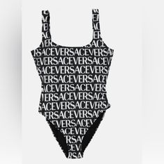 New Authentic Versace Logo One- Piece Swimsuit Show Your Brand Allegiance With A One-Piece Swimsuit Patterned With The Italian Label's Name, Bringing Signature Glamour Poolside. Moderate Back Coverage Lined 78% Polyester, 22% Elastane Dry Clean Or Hand Wash, Dry Flat Made In Italy Women's Designer Clothing Black Logo Print Swimwear For Summer, Black Swimwear With Logo Print For Swimming, Luxury Black One-piece Swimwear, Versace Logo, Swimsuit Pattern, Juicy Couture Charms, People Shopping, Pleated Shorts, Trina Turk