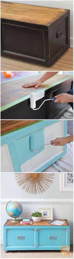 the before and afters of an old dresser makeover with chalk paint, spray paint, and wood