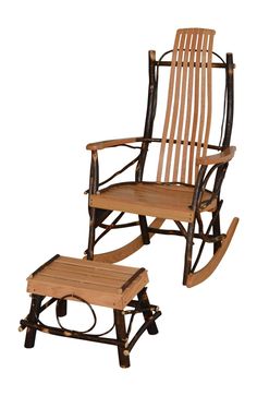 a wooden rocking chair and foot stool