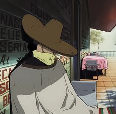 an animated image of a man wearing a cowboy hat