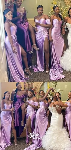 the bridesmaids are posing for pictures in their purple wedding gowns and dresses