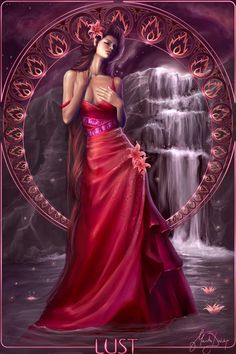 a beautiful woman in a red dress standing next to a waterfall with her hands on her hips