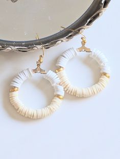 "+ Style name: Yellow and White with Gold Hoops + beaded hoop earrings with pale yellow and whiter clay and gold beads + Hoops are 1 1/2\" diameter + Gold hoops with earwire see more liz.cor.creative beaded hoop earrings here https://www.etsy.com/shop/lizcorcreative?ref=seller-platform-mcnav§ion_id=42427009 If you would like to see any other color please message me. + All lizcorcreative hoop earrings will come packaged on a hand-stamped kraft earring card in a clear sealed bag Free Domestic Ship Adjustable Heishi Beads Earrings With Ear Wire, White Small Hoop Earrings For Beach, White Adjustable Jewelry With Dangling Beads, White Bohemian Dangle Hoop Earrings, Adjustable White Jewelry With Dangling Beads, White Round Hoop Earrings, Handmade Heishi Beads Earrings, Nickel-free Small Hoop Heishi Bead Earrings, Round Heishi Beads Earrings Gift