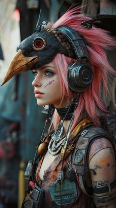 a woman with pink hair and headphones is wearing a bird - like costume while looking at the camera