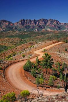 a dirt road winding through the desert with mountains in the background