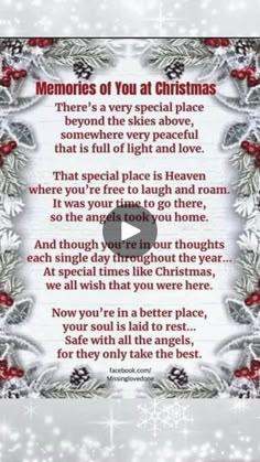 a christmas poem with holly wreaths and snowflakes on the bottom, in front of