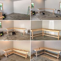 four different views of the inside of a room with workbench and tools in it