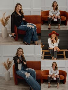 a woman sitting on top of a red couch next to a brown chair and holding a bottle