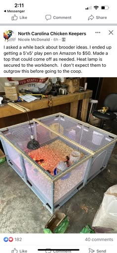 a cage filled with food sitting on top of a floor next to a wooden table