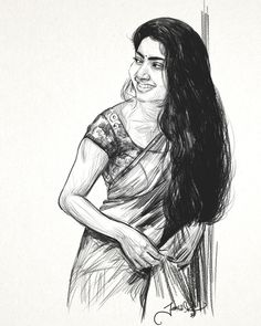 a pencil drawing of a woman with long hair wearing a sari and smiling at the camera