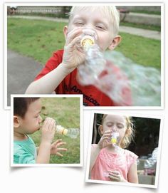 three pictures of two young children drinking from bottles and playing with bubbles in the park