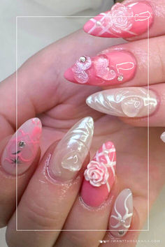 Valentines coquette nails Pink Coquette Valentines Nails, Coqquete Nail, Coquette Stiletto Nails, Valentines Coquette