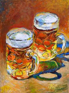 a painting of two mugs filled with beer