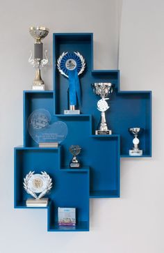 blue shelves with trophies and plaques on them