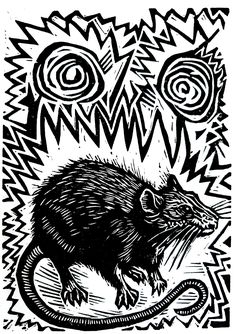 a black and white drawing of a rat