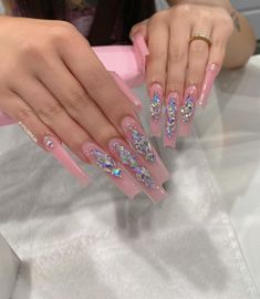 Butterfly Diamond Nails, Bling Placement On Nails, Simple Bling Nails, Pink Bling Nails Rhinestones, Long Nails With Gems, Drip Nails, Baddie Nails, Dope Nail Designs