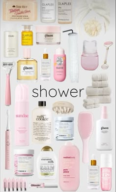 a poster with the words shower written on it and various types of products in front of it