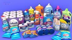 several different types of cleaning products on a purple background, including detergents and toiletries