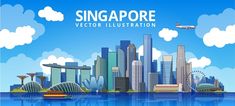 singapore cityscape with skyscrapers and boats in the water on blue sky background