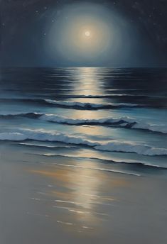 an oil painting of the ocean at night