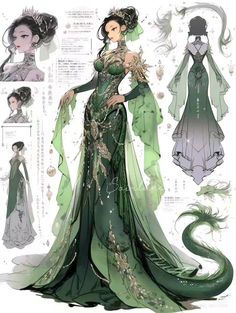 an image of a woman in a green dress with dragon tail and headpieces