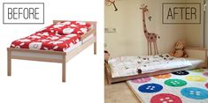 a child's bedroom before and after it has been decorated with polka dot rugs