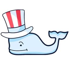 a sticker with a whale wearing a top hat on it's head and an american flag cap