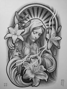 a drawing of the virgin mary with lilies