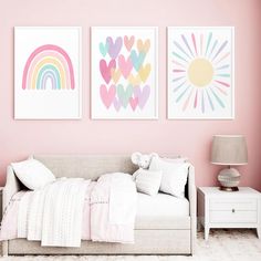 Rainbow Toddler Room, Sunshine Painting, Decorating Toddler Girls Room, Rainbow Room Decor, Rainbow Room Kids, Pink Nursery Walls, Pastel Wall Decor, Murs Roses, Girls Bedroom Art