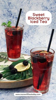 two glasses of blackberry iced tea on a plate