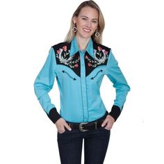 Scully Legends Women's Poly/Rayon Blend Snap Front Blouse, PL-637-TUR-L Fitted Turquoise Long Sleeve Tops, Spring Embroidered Tops For Rodeo, Fitted Western Style Spring Blouse, Fitted Western Style Blouse For Spring, Western Style Fitted Blouse For Spring, Western Style Blouse For Spring Rodeo, Fitted Western Blouse For Spring, Western Style Blue Tops For Spring, Blue Western Style Tops For Fall