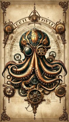 an octopus is surrounded by gears and other mechanical objects in this steampunk artwork