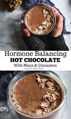 someone holding a cup of hot chocolate with cinnamon in it and text overlay that reads, homemade balancing hot chocolate with mac & cinnamon