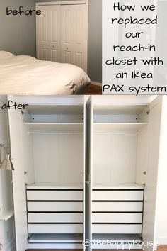 the before and after pictures show how to reupload your closet in an ikea pax system