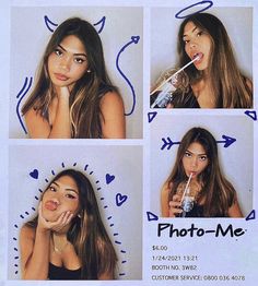 four photos of a woman with long hair and an arrow in her mouth holding a water bottle