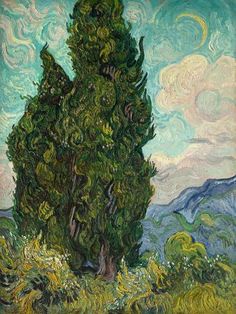 a painting of a tree in the middle of a field with mountains and clouds behind it