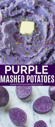 purple mashed potatoes with butter and sprinkles in the middle on a marble surface