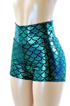 Emerald Green High Waist Dragon Scale Mermaid Metallic Spandex Booty Shorts  151086 Mermaid Shorts, Green Mermaid, Mermaid Life, Mermaid Costume, Pole Fitness