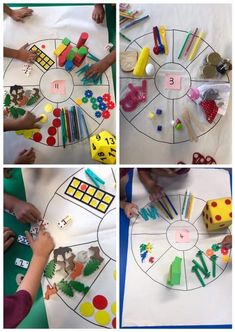 four pictures showing different activities for children to do with the numbers and letters on paper