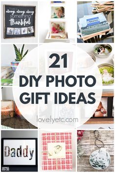 the words 21 diy photo gift ideas are shown in many different styles and sizes