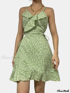 Olivia Mark - Confetti Heart Print Dress, Casual Spaghetti Strap Ruffle Trim Wrap Dress, Ropa de Mujer Heart Print Dress, Vestido Casual, Heart Print, Olivia Mark, Ruffle Trim, Confetti, Print Dress, Spaghetti Strap, Wrap Dress